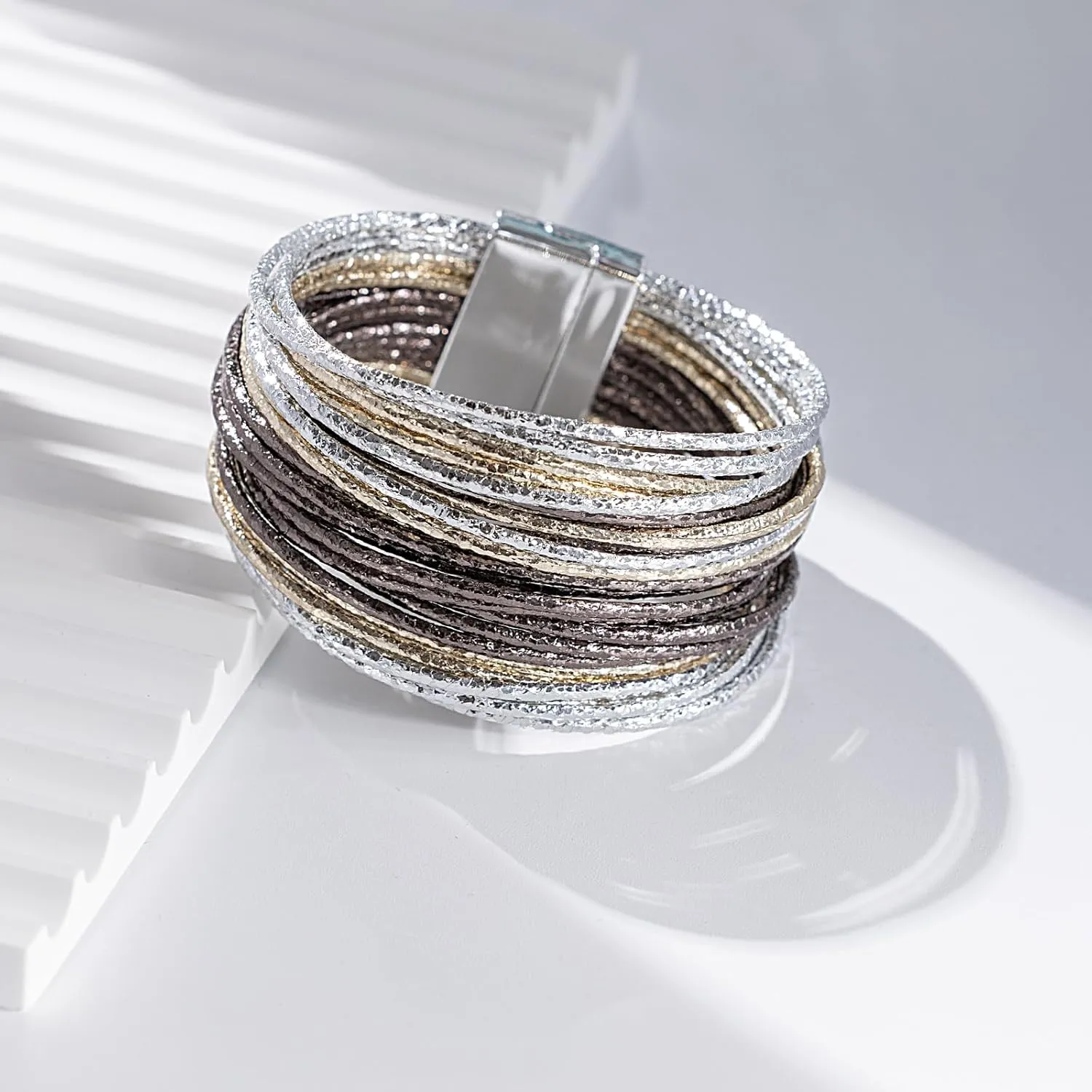 FANCY SHINY Boho Leather Bangle Bracelets Stackable Layer Wrap Strand Bracelets with Magnetic Clasp Handmade Trendy Jewelry for Women