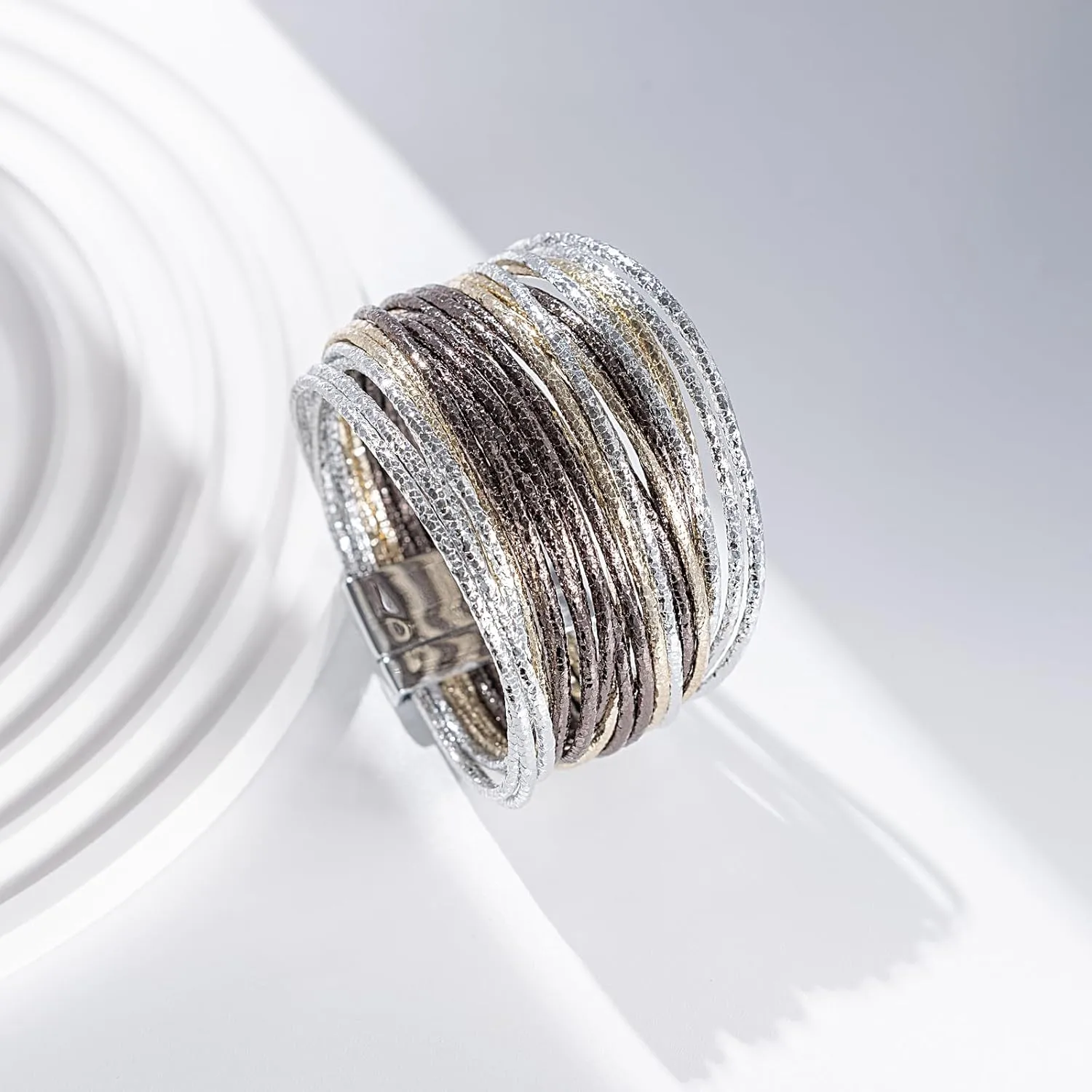 FANCY SHINY Boho Leather Bangle Bracelets Stackable Layer Wrap Strand Bracelets with Magnetic Clasp Handmade Trendy Jewelry for Women