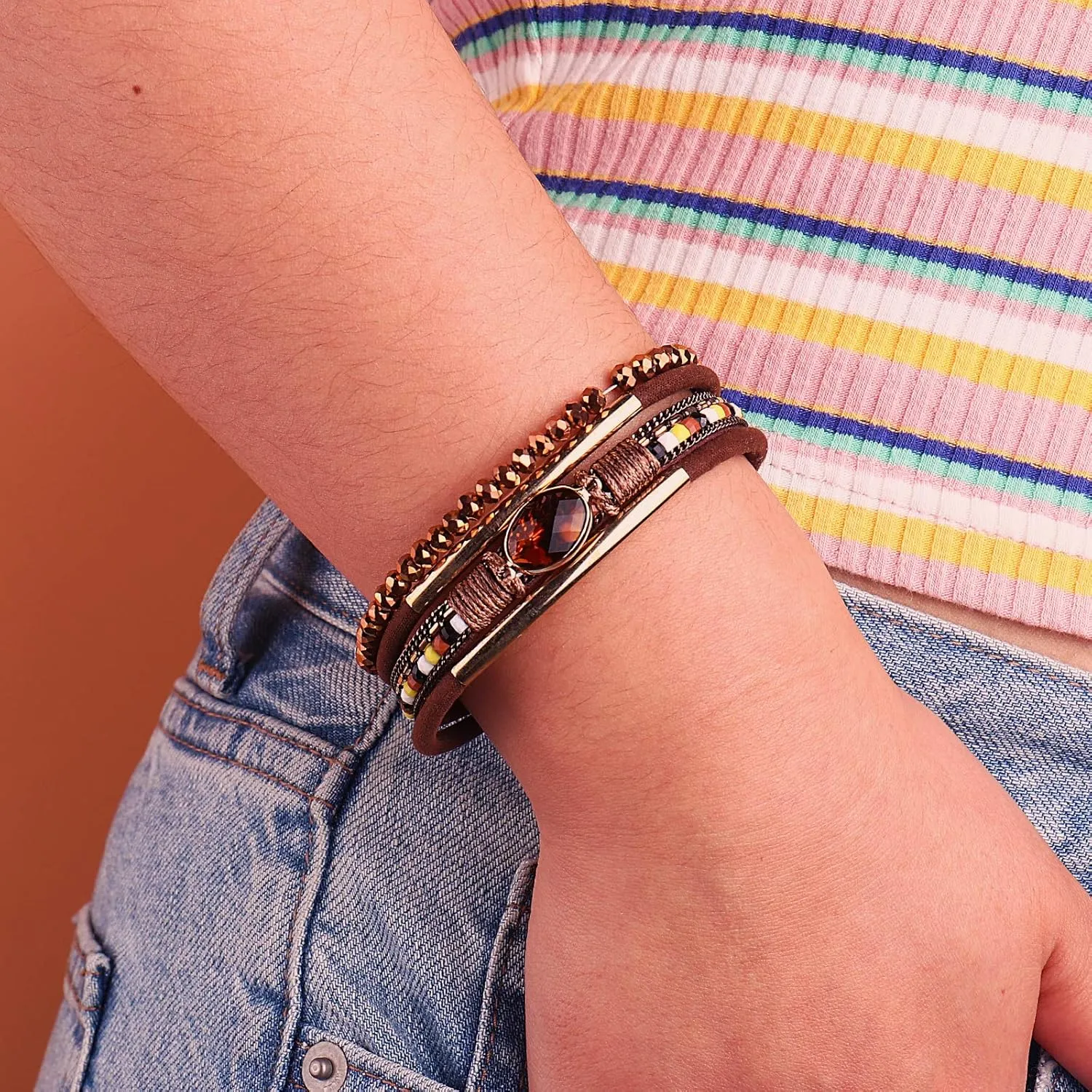 FANCY SHINY Leather Wrap Bracelets Crystal Beads Bracelet Boho Cuff Stone Charm Bracelets with Clasp Costume Jewelry for Women