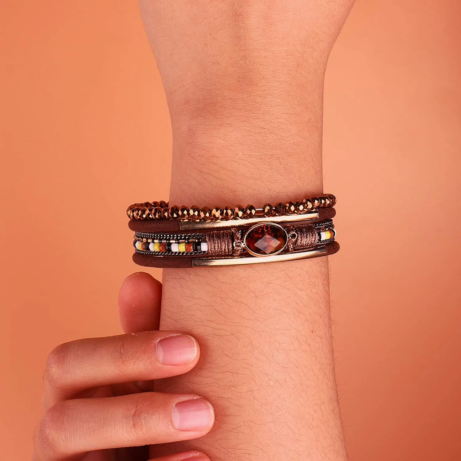 FANCY SHINY Leather Wrap Bracelets Crystal Beads Bracelet Boho Cuff Stone Charm Bracelets with Clasp Costume Jewelry for Women