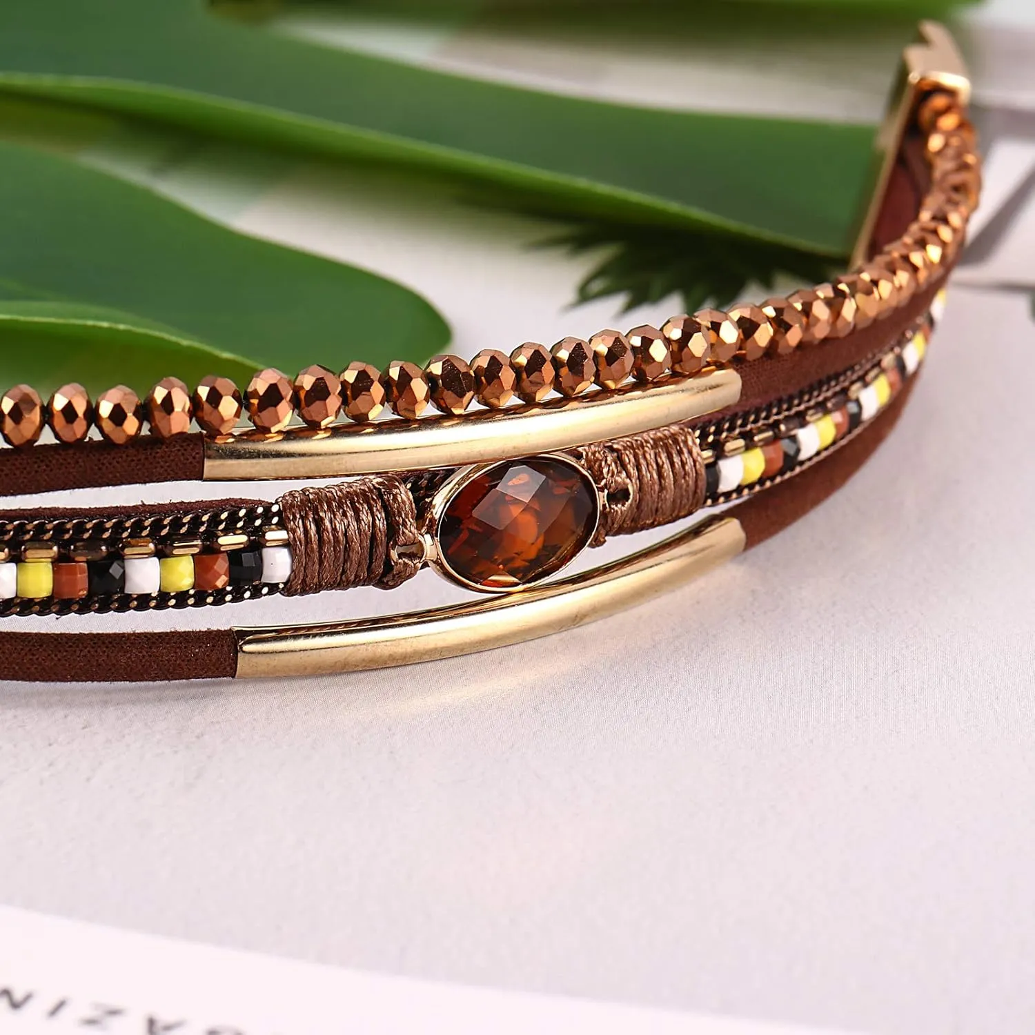 FANCY SHINY Leather Wrap Bracelets Crystal Beads Bracelet Boho Cuff Stone Charm Bracelets with Clasp Costume Jewelry for Women