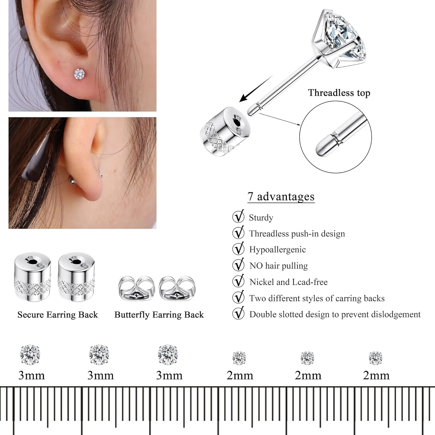 Fansilver 6 Pairs Hypoallergenic Stud Earrings for Women Men Threadless Flat Back Stud Earrings Set for Multiple Piercing Surgical Stainless Steel Cubic Zirconia Earrings Studs CZ 2-8 mm