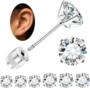 Fansilver 6 Pairs Hypoallergenic Stud Earrings for Women Men Threadless Flat Back Stud Earrings Set for Multiple Piercing Surgical Stainless Steel Cubic Zirconia Earrings Studs CZ 2-8 mm