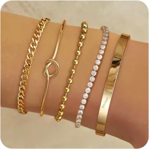 Fansilver Gold Bracelets for Women 14k Real Gold Bangle Cuff Bracelet Set Gold Plated Beaded Paperclip Cuban Chain Bracelet Cubic Zirconia Tennis Bracelet for Women Stack