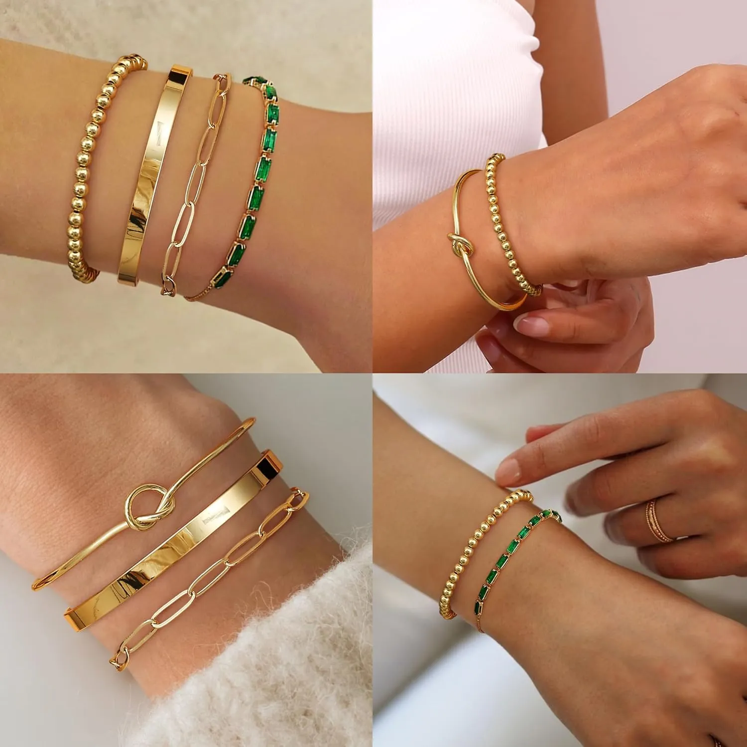 Fansilver Gold Bracelets for Women 14k Real Gold Bangle Cuff Bracelet Set Gold Plated Beaded Paperclip Cuban Chain Bracelet Cubic Zirconia Tennis Bracelet for Women Stack