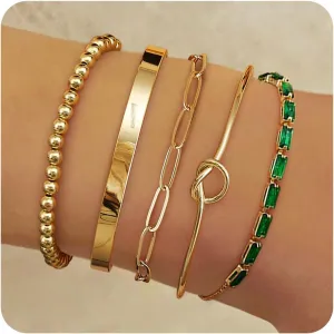 Fansilver Gold Bracelets for Women 14k Real Gold Bangle Cuff Bracelet Set Gold Plated Beaded Paperclip Cuban Chain Bracelet Cubic Zirconia Tennis Bracelet for Women Stack