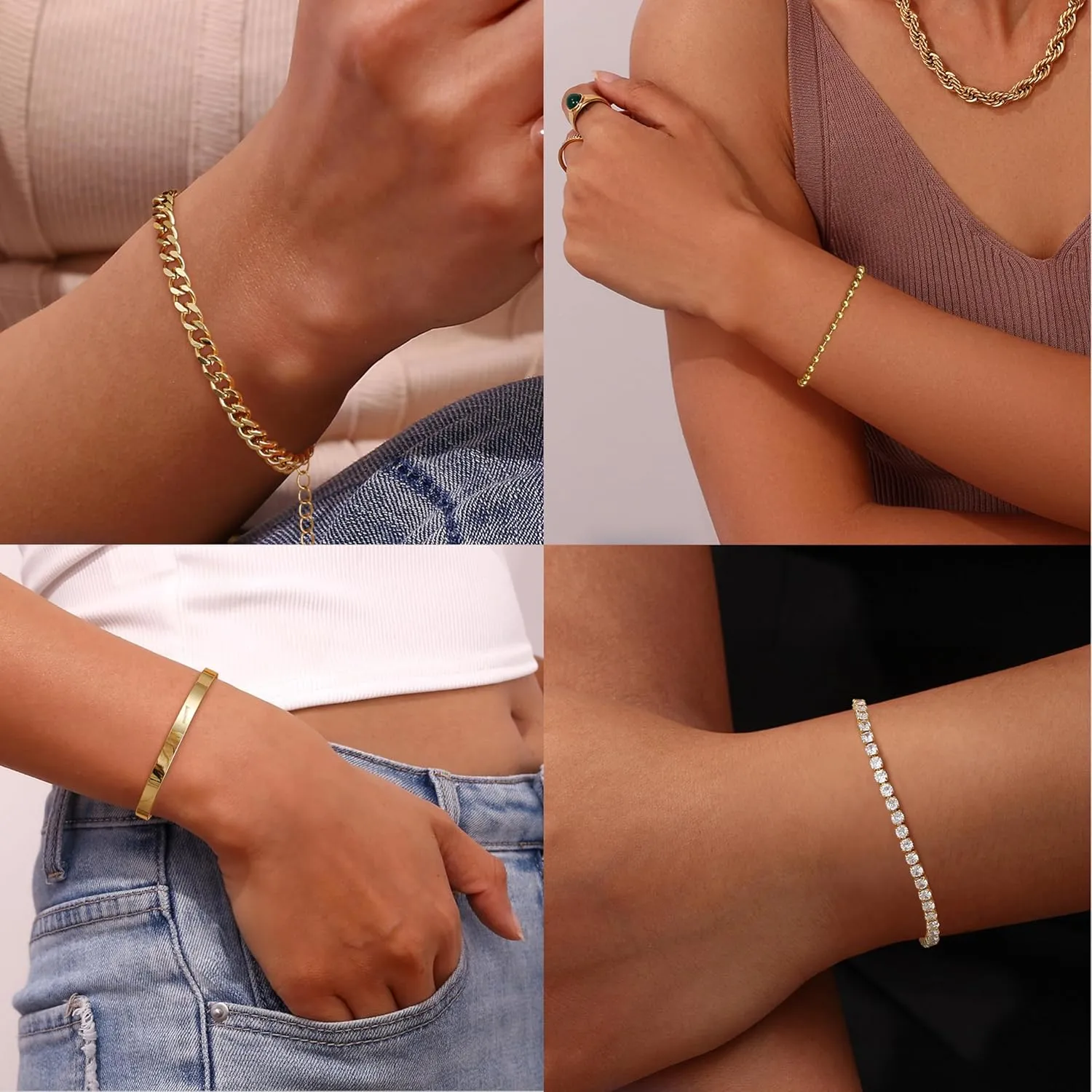 Fansilver Gold Bracelets for Women 14k Real Gold Bangle Cuff Bracelet Set Gold Plated Beaded Paperclip Cuban Chain Bracelet Cubic Zirconia Tennis Bracelet for Women Stack