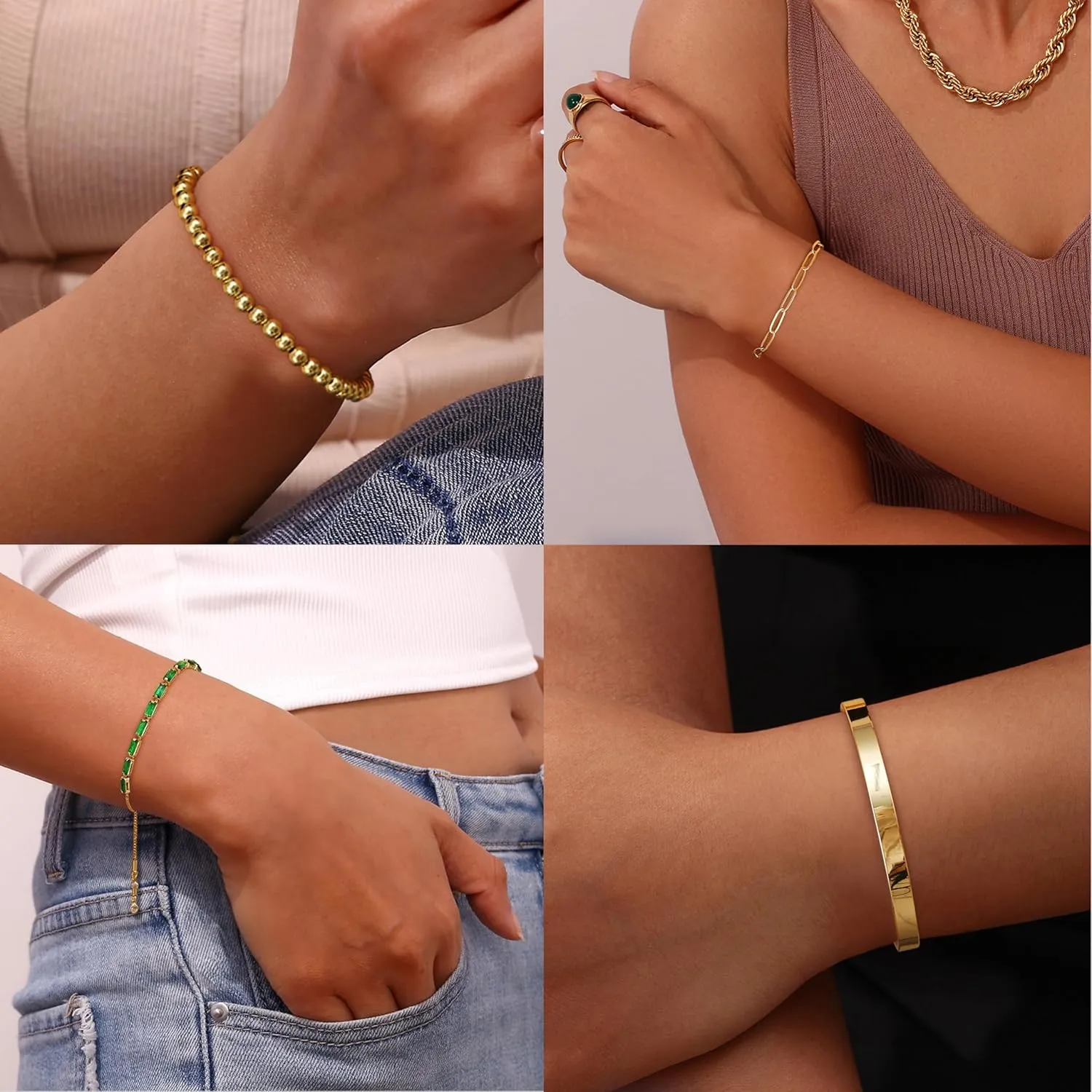 Fansilver Gold Bracelets for Women 14k Real Gold Bangle Cuff Bracelet Set Gold Plated Beaded Paperclip Cuban Chain Bracelet Cubic Zirconia Tennis Bracelet for Women Stack