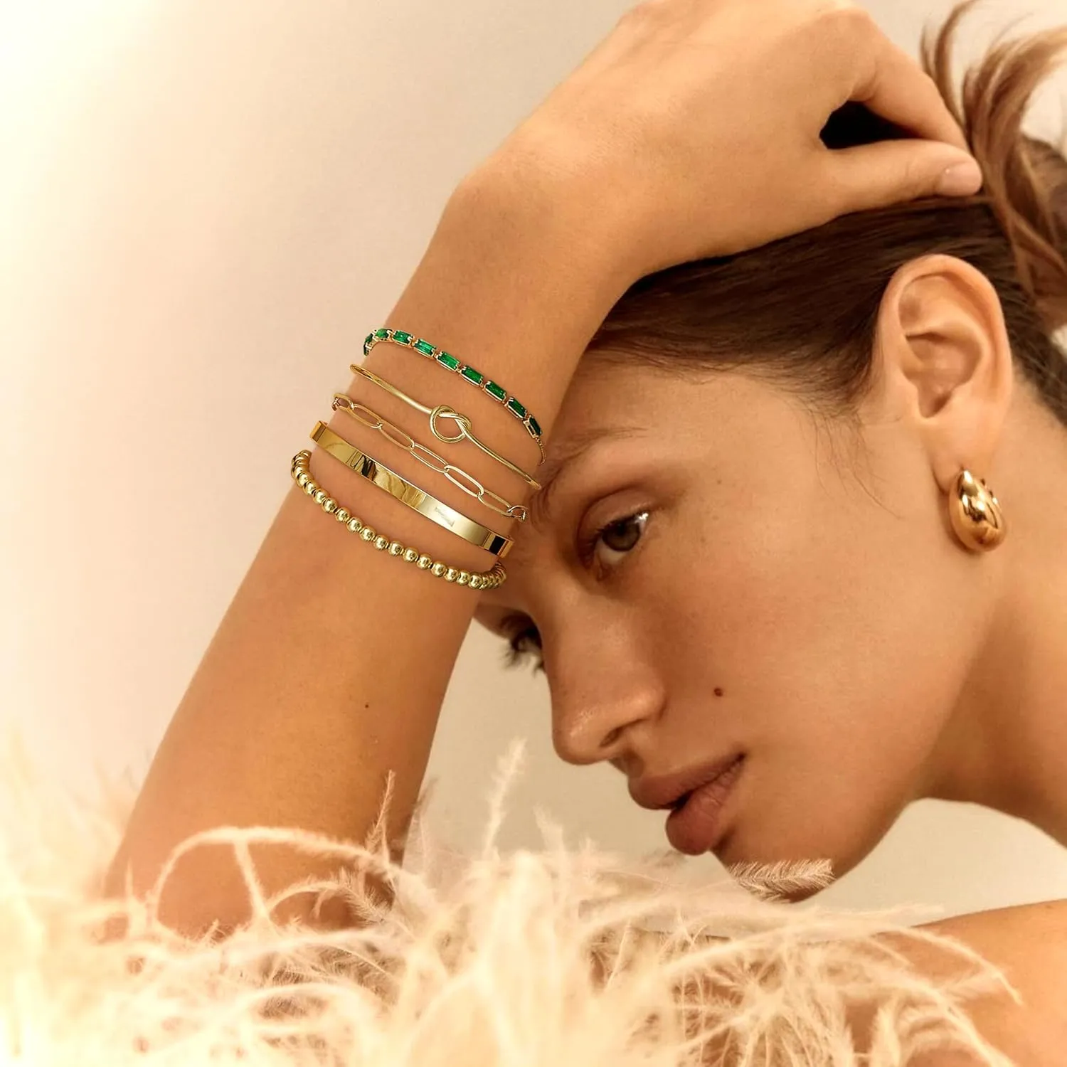 Fansilver Gold Bracelets for Women 14k Real Gold Bangle Cuff Bracelet Set Gold Plated Beaded Paperclip Cuban Chain Bracelet Cubic Zirconia Tennis Bracelet for Women Stack