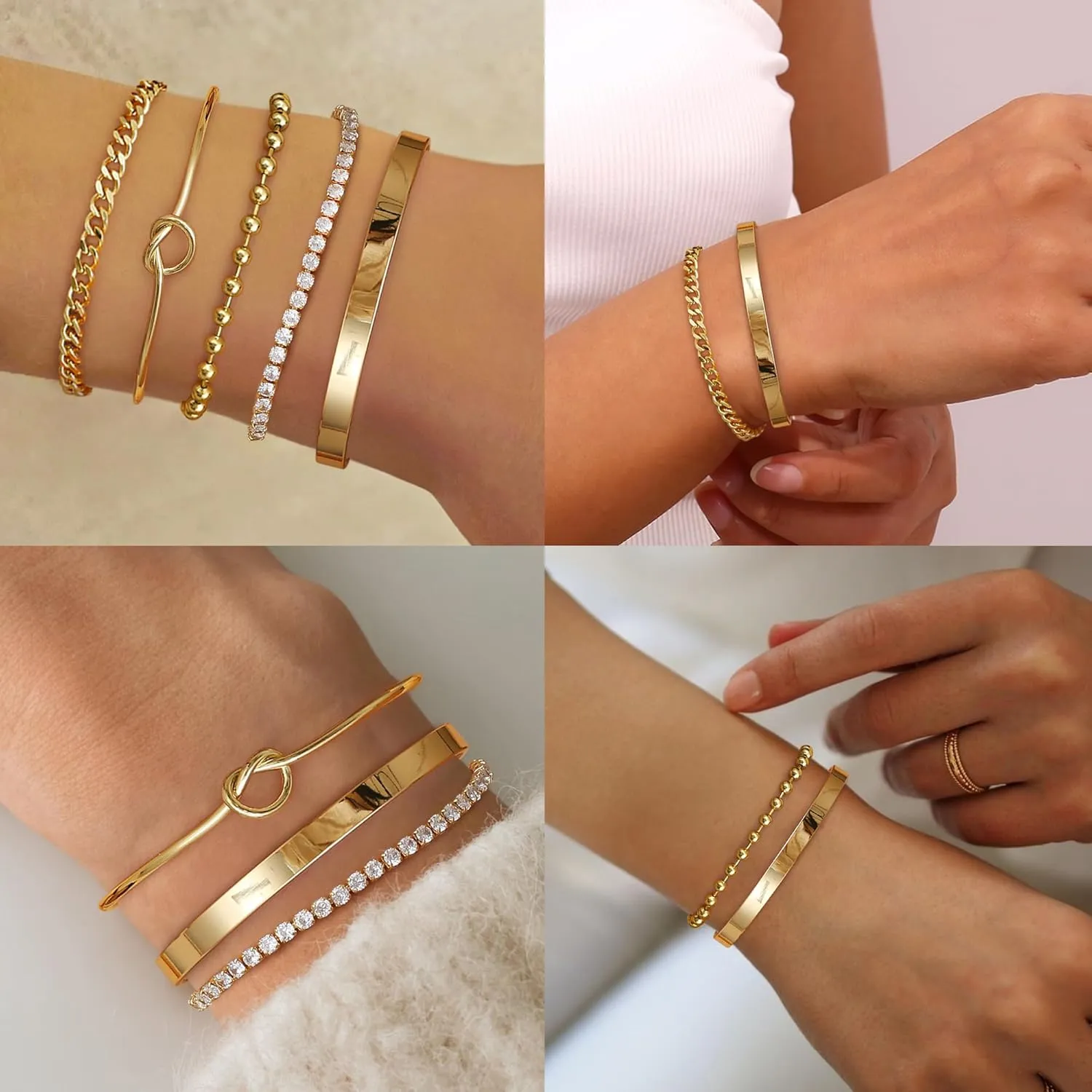 Fansilver Gold Bracelets for Women 14k Real Gold Bangle Cuff Bracelet Set Gold Plated Beaded Paperclip Cuban Chain Bracelet Cubic Zirconia Tennis Bracelet for Women Stack