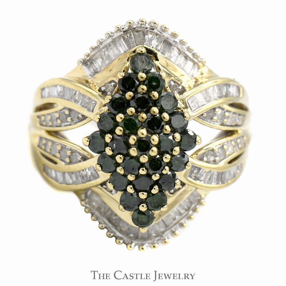 Value Product Marquise Shaped Green Diamond Cluster Ring with Baguette and Round Diamond Accents in 10k Yellow Gold
