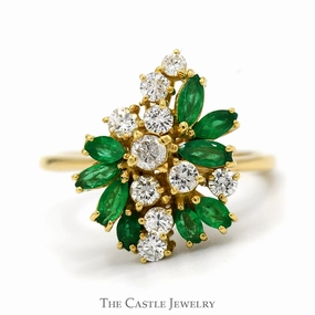 Vintage Jewelry Exquisite Item Marquise Cut Emerald & Round Diamond Cluster Ring in 18k Yellow Gold