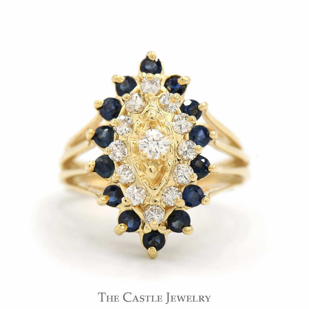 Brand Name Secure look Marquise Shaped Diamond & Sapphire Cluster Ring with Split Sides in 14k Yellow Gold