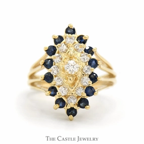Brand Name Secure look Marquise Shaped Diamond & Sapphire Cluster Ring with Split Sides in 14k Yellow Gold