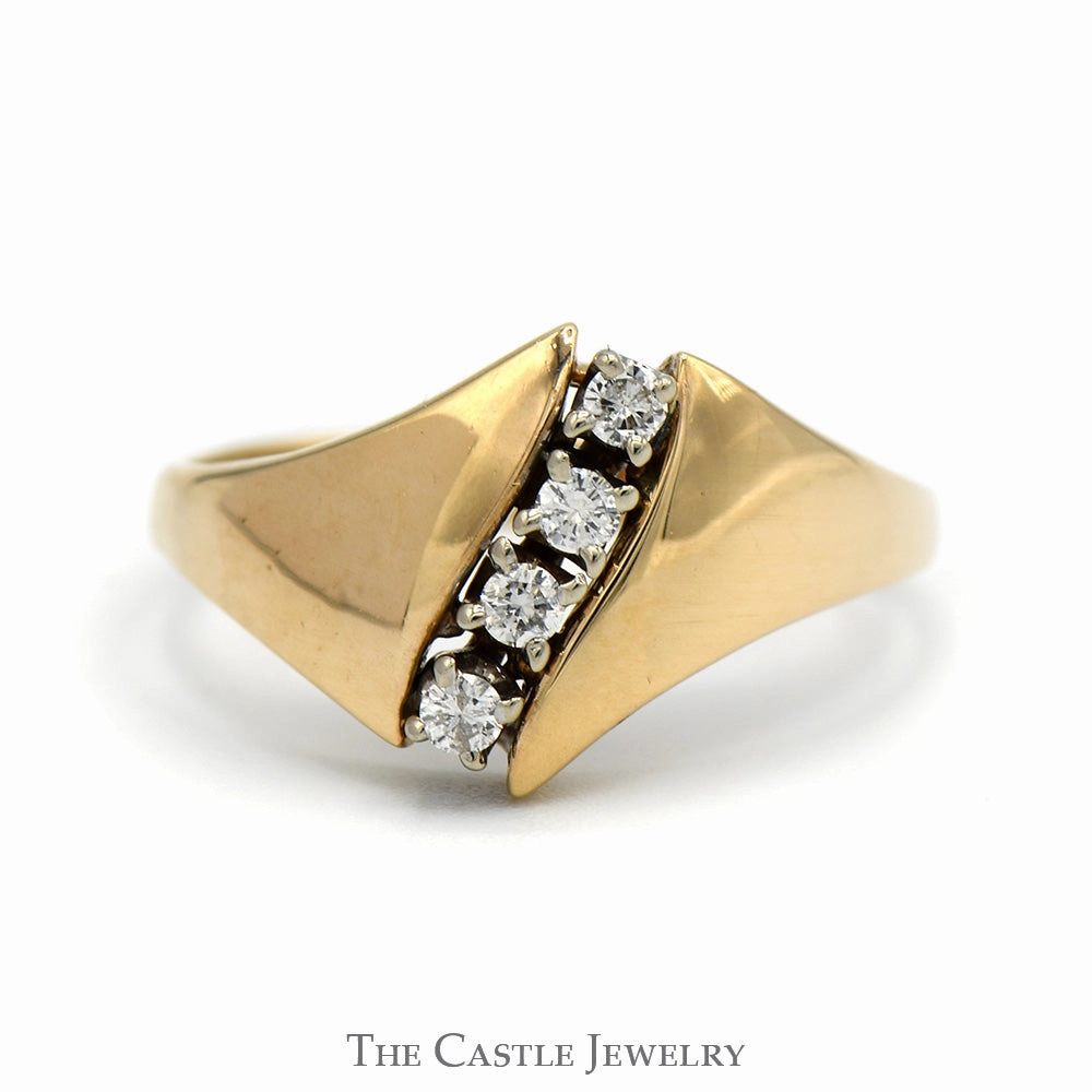 Vertically Set 4 Round Diamond Ring with Tapered Polished Sides in 10k Yellow Gold International Design Handcrafted Craft