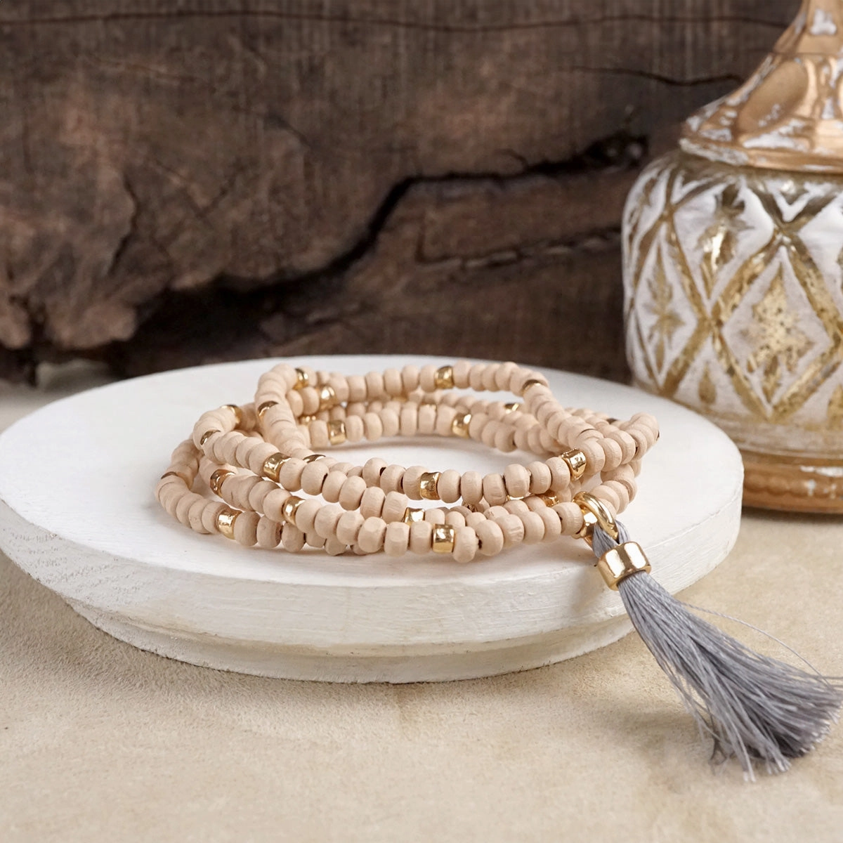 Boho Brights ?C Set of 4 Stretchy Wooden Bead Bracelets with Tassel Rainbow Hues Ongoing Amalgamations