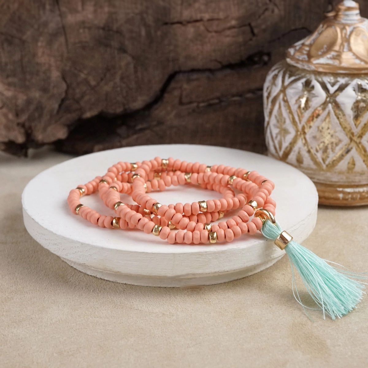 Influencer Pick Boho Brights ?C Set of 4 Stretchy Wooden Bead Bracelets with Tassel