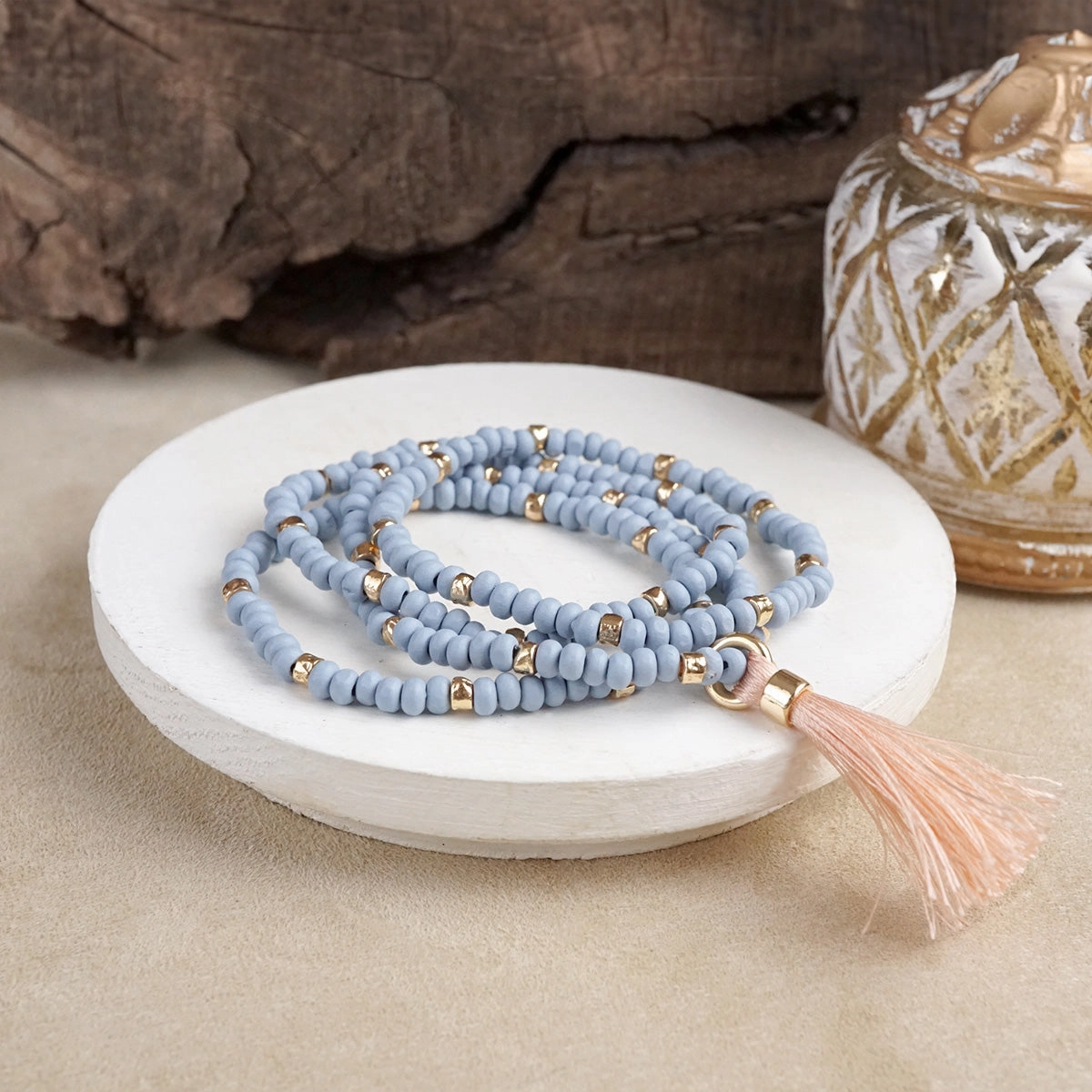 Boho Brights ?C Set of 4 Stretchy Wooden Bead Bracelets with Tassel Effortless Elegance