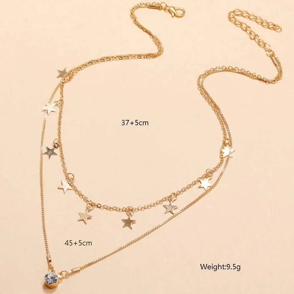 Fashion Double Layered Star Choker Star Necklace for Women Charm Choker Zircon Pendant Necklace