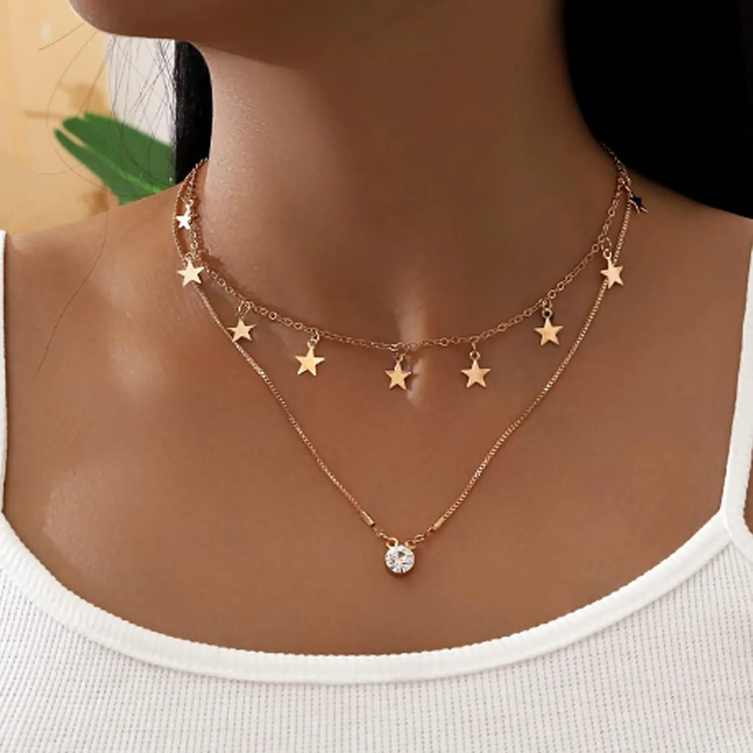 Fashion Double Layered Star Choker Star Necklace for Women Charm Choker Zircon Pendant Necklace
