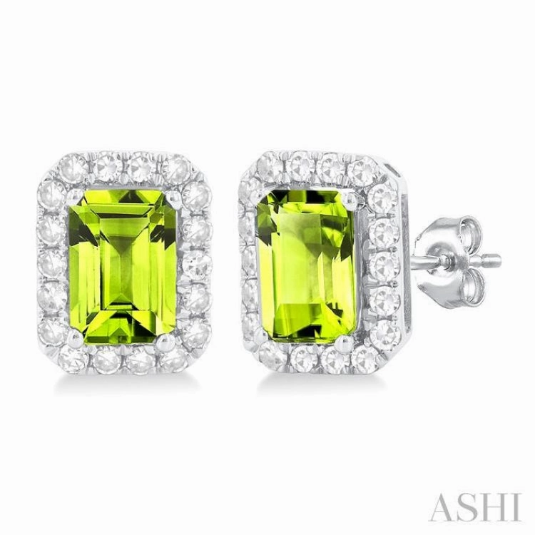 6x4 MM Octagonal Shape Peridot and 1/4 Ctw Round Cut Diamond Halo Semi-Precious Stud Earrings in 10K White Gold Fashion Must Relaxed Look