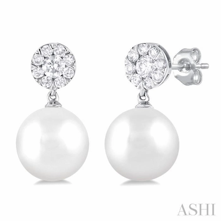 Dynamic Accent 7 MM Cultured White Pearl and 1/4 Ctw Disc Top Lovebright Round Cut Diamond Fashion Earrings in 14K White Gold