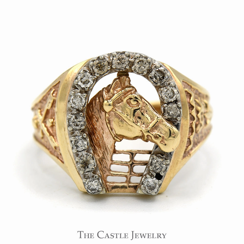 Vintage Craft Charming Accent Diamond Horseshoe Ring Featuring Horse Head & Fence Design in 10k Yellow Gold