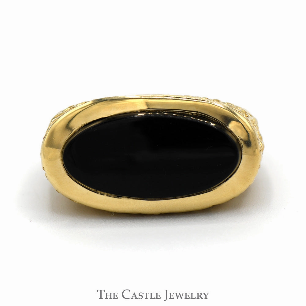 Casual Chic Delicate Item Oblong Oval Black Onyx Ring in 14k Yellow Gold Nugget Designed Mounting