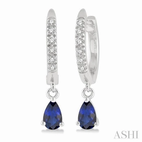 Delicate Detail City Stroll 5x3 MM Pear Cut Sapphire and 1/8 Ctw Round Cut Diamond Petite Fashion Huggie Earrings in 10K White Gold