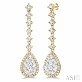 Classic Shape 1 Ctw Round Cut Lovebright Diamond Pear Shape Dangler Earrings in 14K Yellow and White Gold