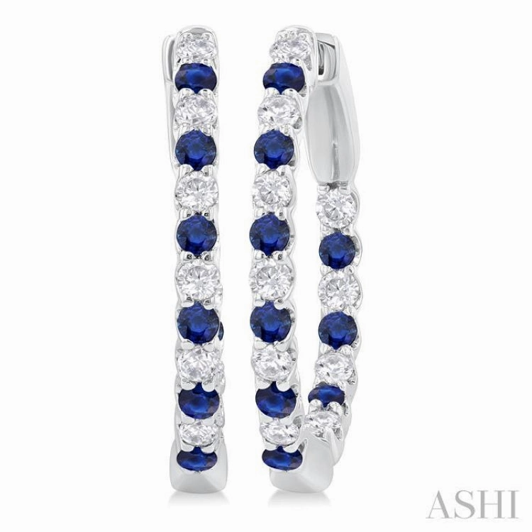 Vibrant Jewelry Craftwork 1.8 MM Sapphire and 1/2 ctw Round Cut Inside-Out Diamond Precious Hoop Earrings in 14K White Gold