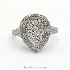 Romantic Occasion Durable Craft 1cttw Pear Shaped Diamond Cluster Ring with Double Halo and Accents in 10k White Gold