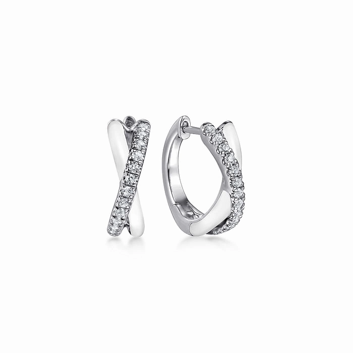 Fashion Finish Sleek Outline Enamel - 925 Sterling Silver White Sapphire Huggies White Enamel