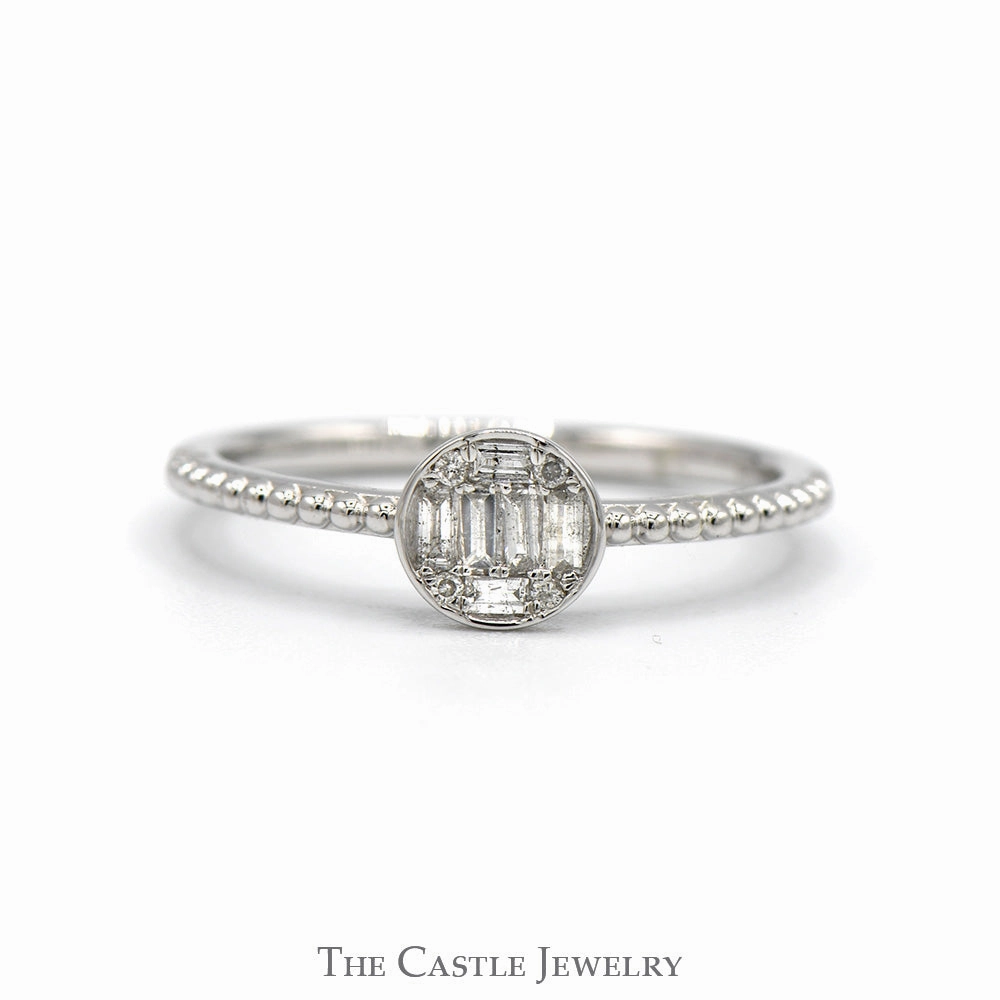 Minimal Mood Round Shaped Baguette & Round Diamond Cluster Ring with Beaded Sides in 10k