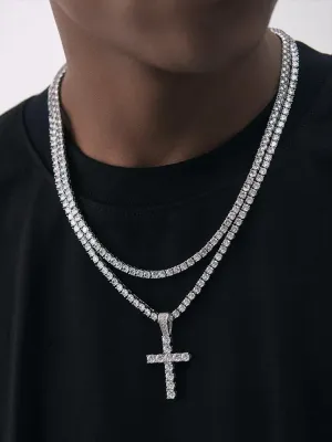 FASHIXD Zircon Full Diamond Cross Necklace for Men Silver Gold Stainless Steel CubanCross Chain Pendant Necklace for Fashion