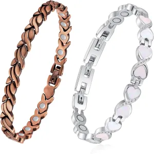 Feraco 2 Pcs Copper Bracelet & Magnetic Bracelets for Women with 3500 Gauss Therapy Magnets,Titanium Steel Magnet Bracelet with Natural Fritillaria,Adjustable with Sizing Tool,Original Design