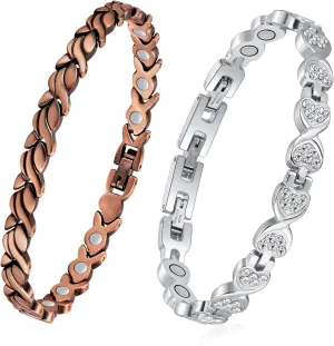 Feraco 2 Pcs Copper Bracelet & Magnetic Bracelets for Women with 3800 Gauss Therapy Magnets,Titanium Steel Magnet Bracelet with Sparkling Zirconia,Adjustable with Sizing Tool,Original Design