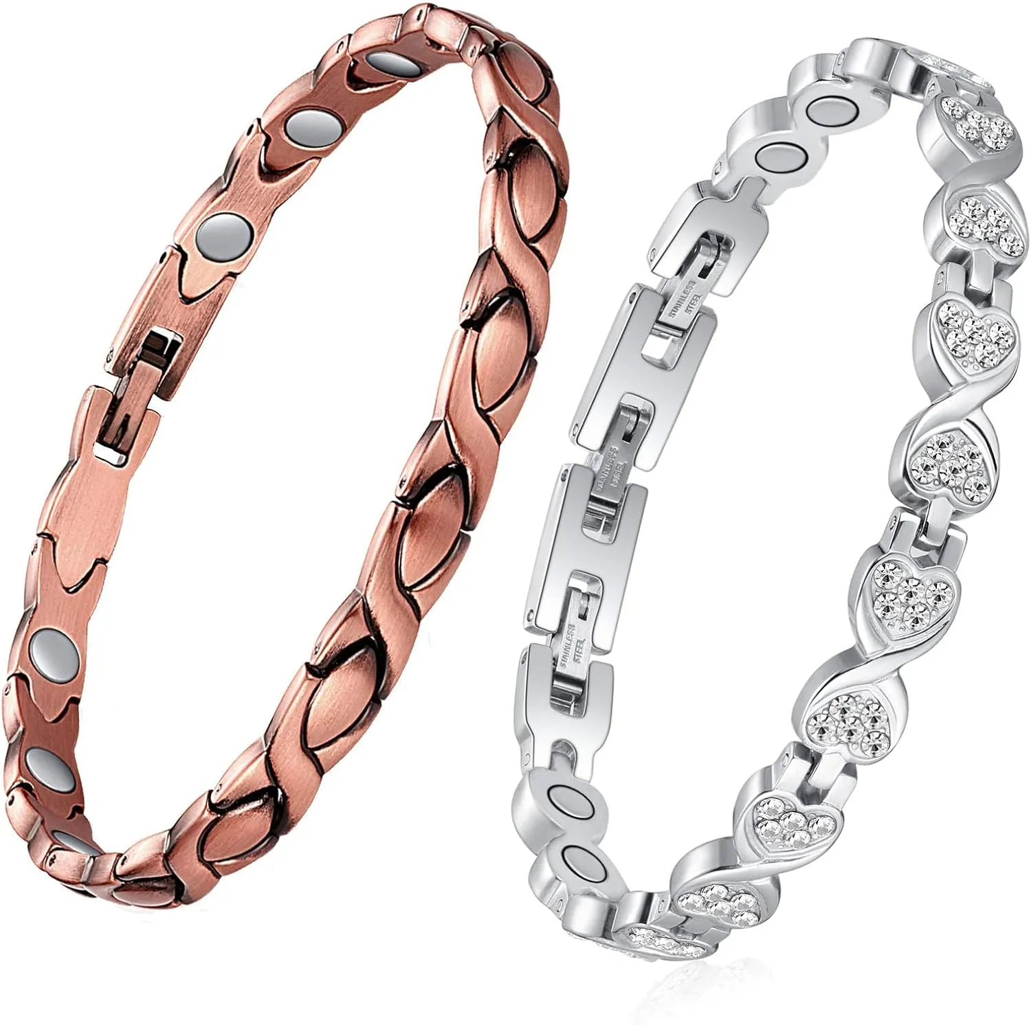 Feraco 2 Pcs Copper Bracelet & Magnetic Bracelets for Women with 3800 Gauss Therapy Magnets,Titanium Steel Magnet Bracelet with Sparkling Zirconia,Adjustable with Sizing Tool,Original Design