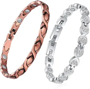 Feraco 2 Pcs Copper Bracelet & Magnetic Bracelets for Women with 3800 Gauss Therapy Magnets,Titanium Steel Magnet Bracelet with Sparkling Zirconia,Adjustable with Sizing Tool,Original Design