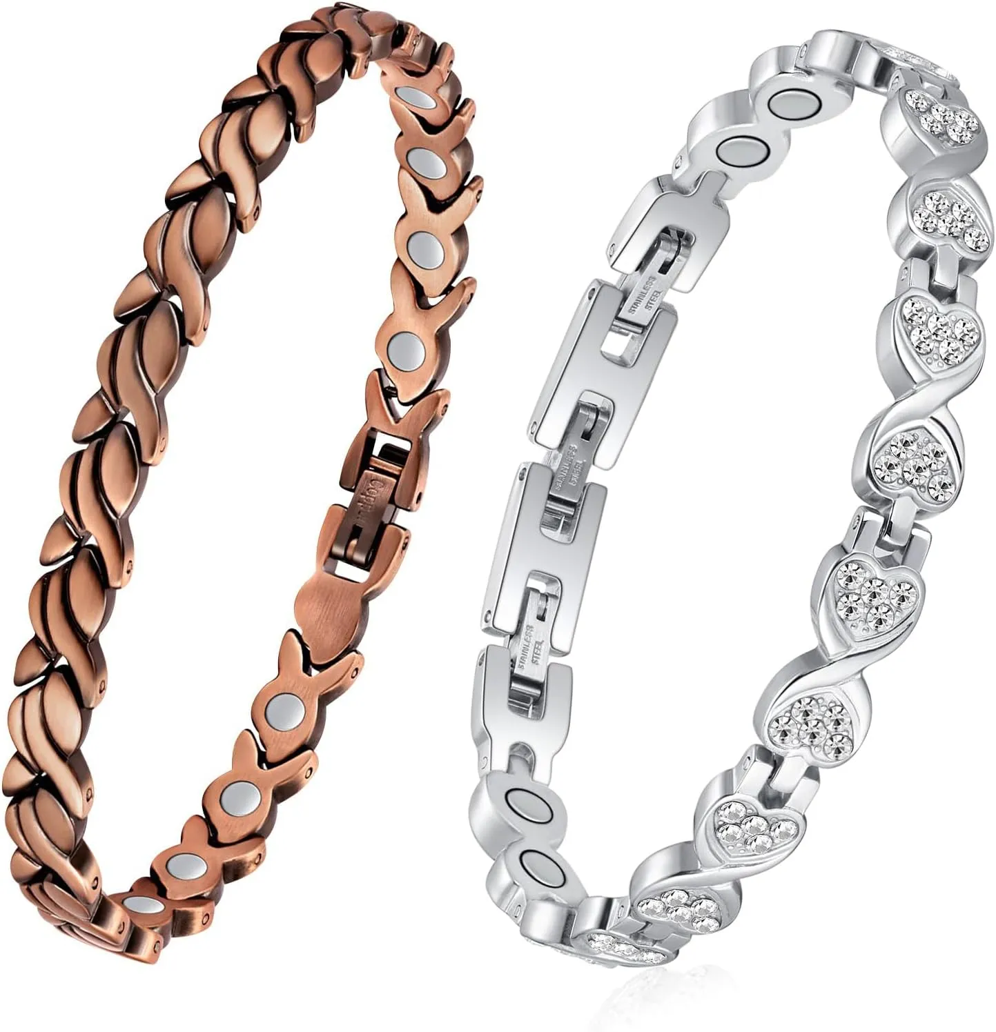 Feraco 2 Pcs Copper Bracelet & Magnetic Bracelets for Women with 3800 Gauss Therapy Magnets,Titanium Steel Magnet Bracelet with Sparkling Zirconia,Adjustable with Sizing Tool,Original Design