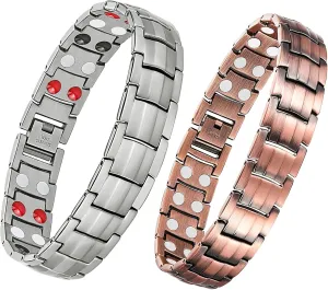 Feraco 2 Pcs Mens Magnetic Bracelet Titanium Steel Magnetic Bracelet & 99.99% Pure Solid Copper Magnetic Bracelet,Adjustable Jewelry Gift