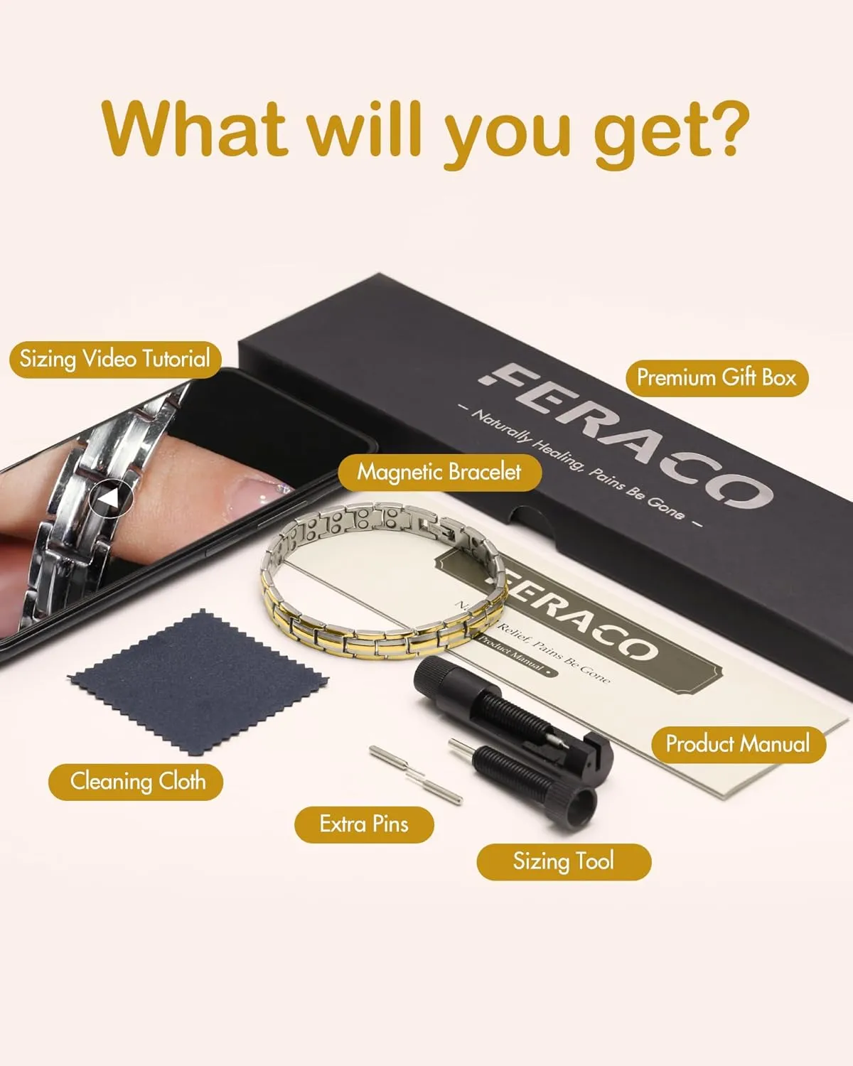 Feraco Magnetic Bracelet for Women Titanium Steel Magnetic Bracelet with Neodymium Magnets, Christmas Jewelry Gifts (8.66, 2X Strength Silver & Gold)