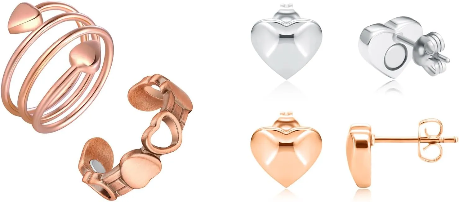 Feraco Magnetic Earrings & Rings for Women, Stud Earrings, Ear Curex with Strong Germanium Magnet, Dainty Heart Shape