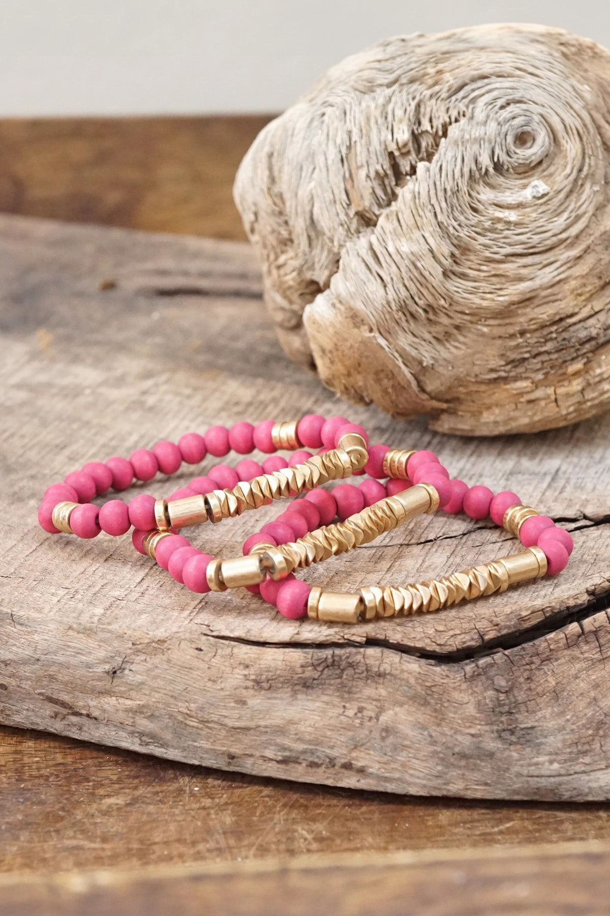 Just Seen Wear Everyday Boho Bracelets Stacks Wood and Metal Beads Pink White Neutral Gold