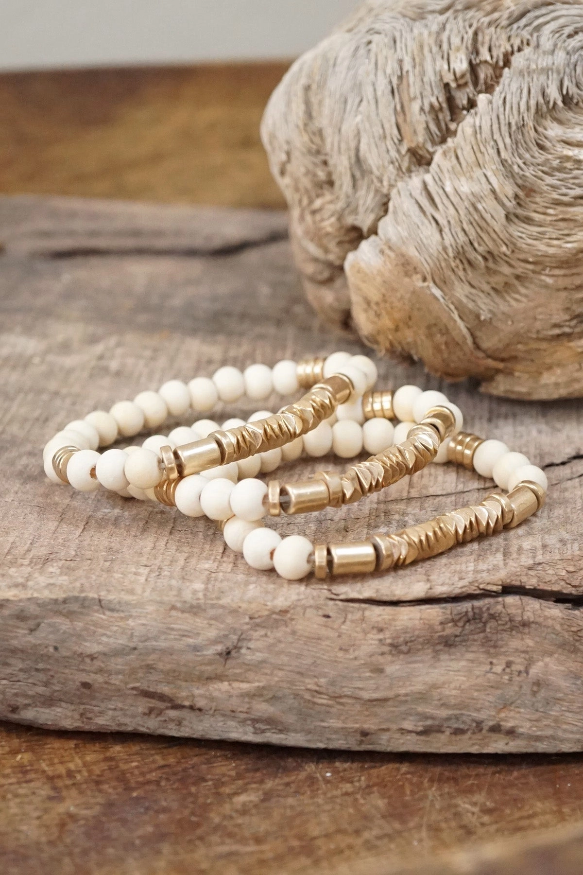 Boho Bracelets Stacks Wood and Metal Beads Pink White Neutral Gold Innovative Design