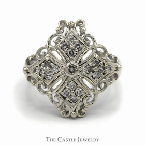 Refined Touch Highlight Piece Filigree Style .40cttw Diamond Cluster Shield Ring in 14k White Gold
