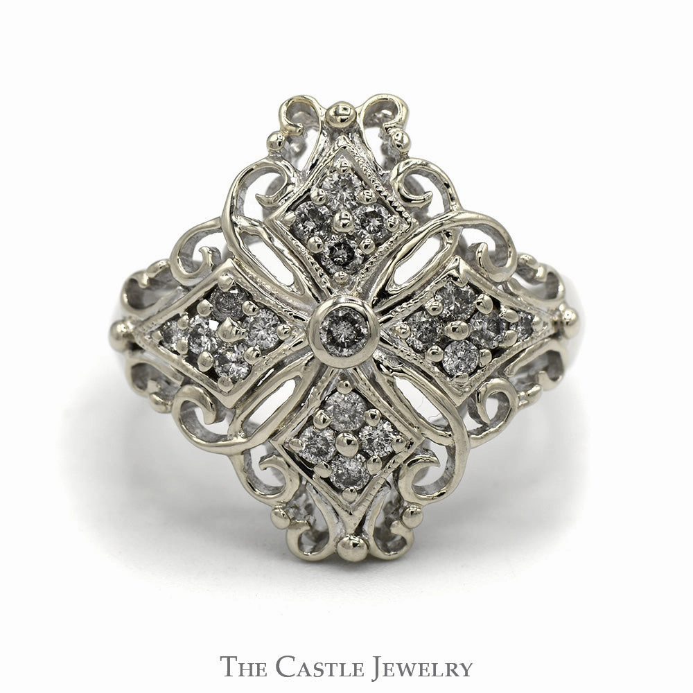 Refined Touch Highlight Piece Filigree Style .40cttw Diamond Cluster Shield Ring in 14k White Gold
