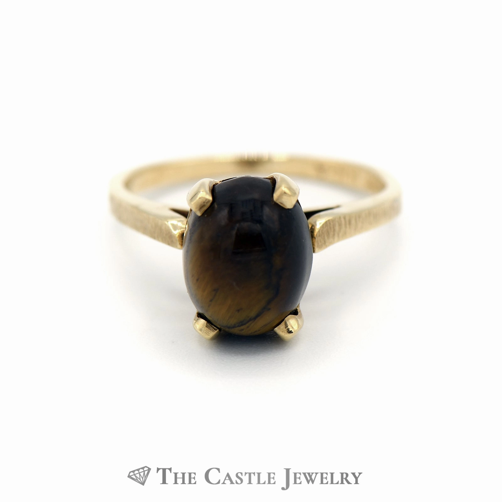 Oval Cabochon Tiger's Eye Ring in 14k Yellow Gold Cathedral Mounting Delicate Creation