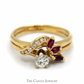 Brilliant Piece Classic Style Diamond Solitaire Engagement Ring with Ruby and Diamond Soldered Wrap in 14k Yellow Gold