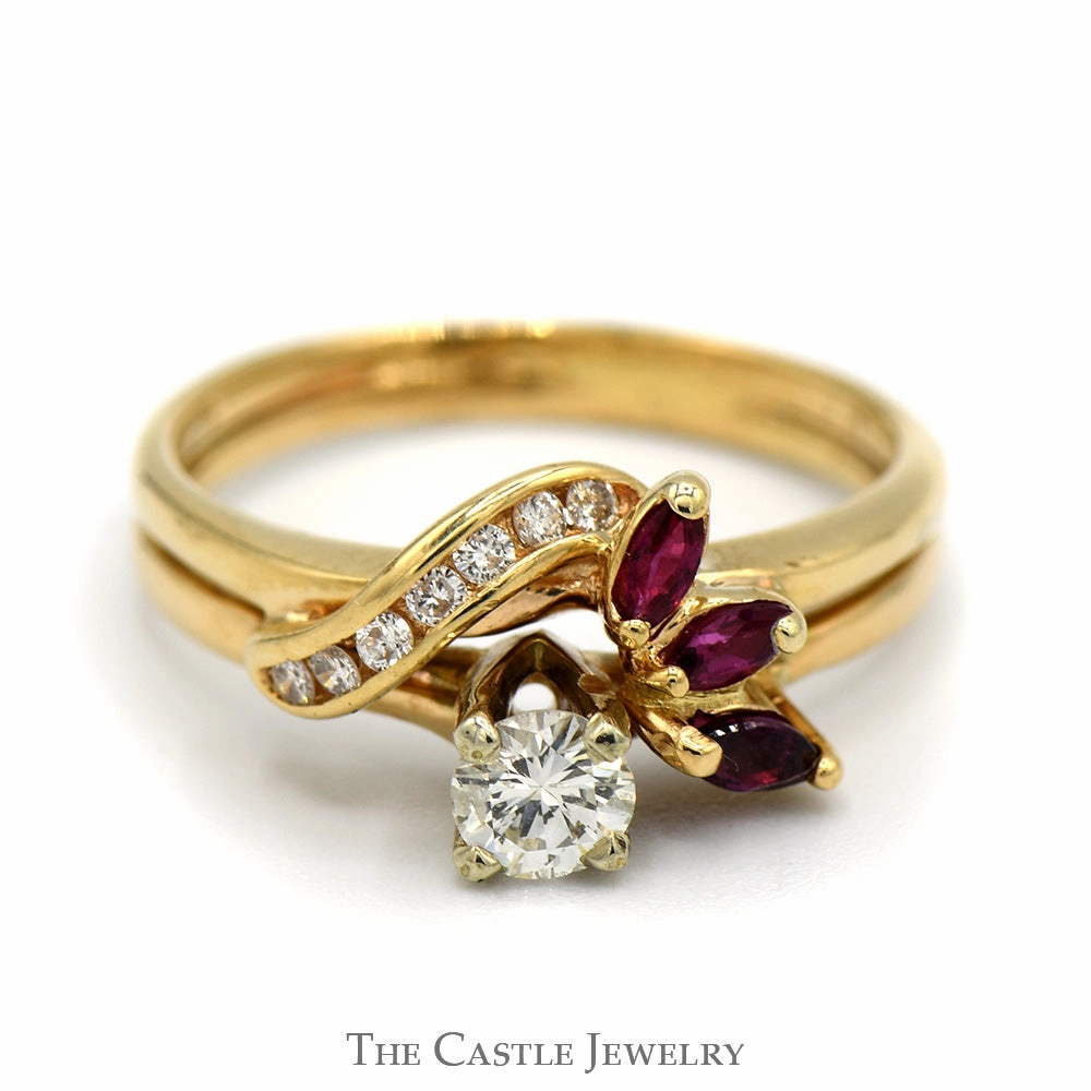 Brilliant Piece Classic Style Diamond Solitaire Engagement Ring with Ruby and Diamond Soldered Wrap in 14k Yellow Gold